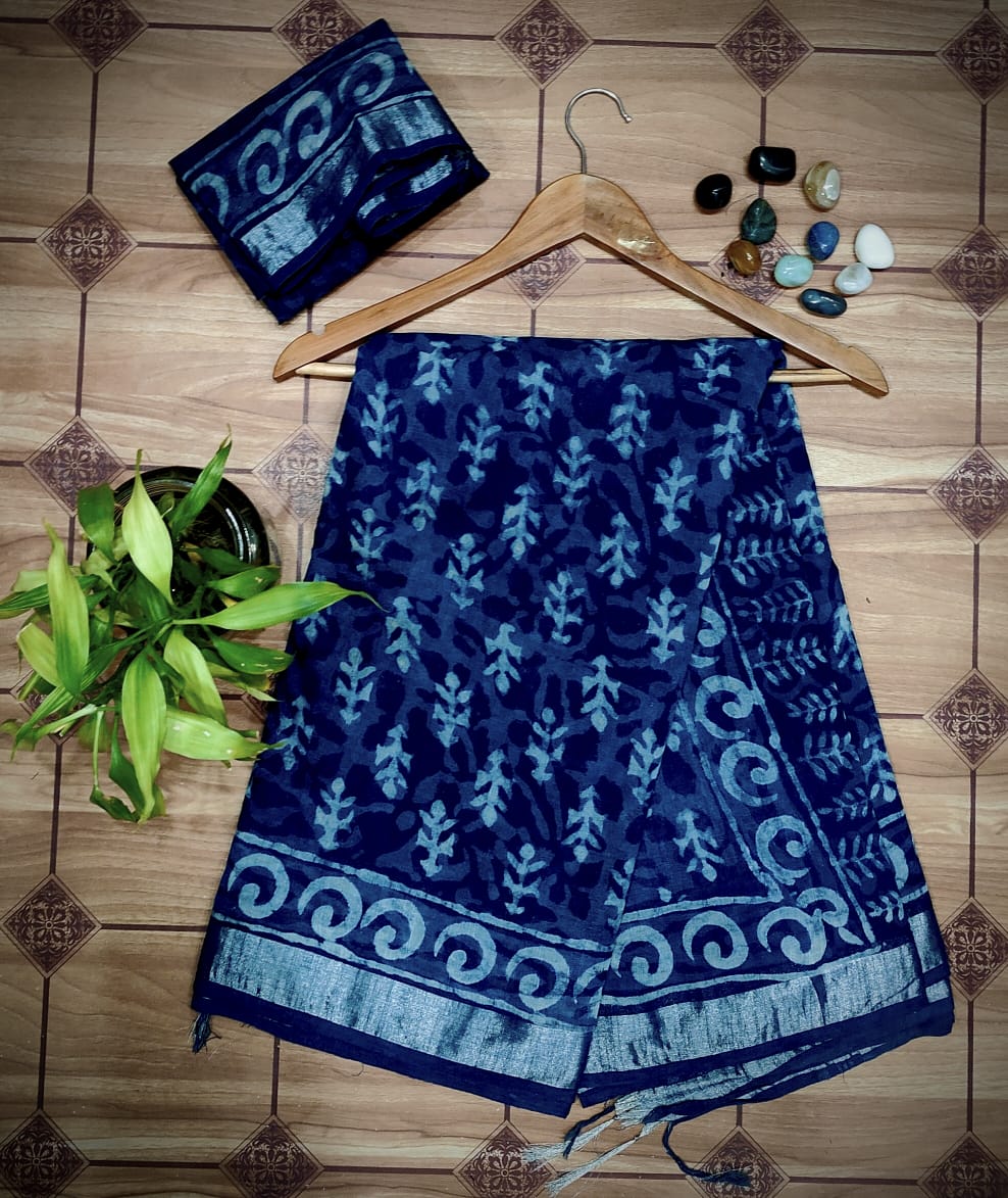 Hand Block Printed Linen / Slub Cotton Saree