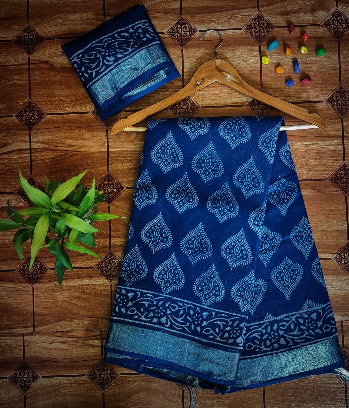Hand Block Printed Linen / Slub Cotton Saree