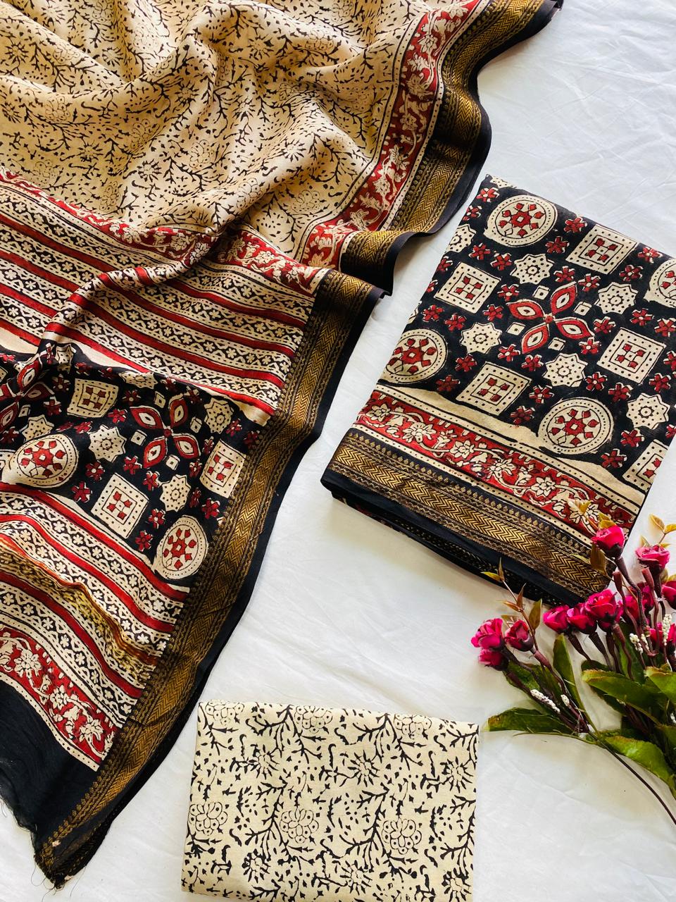 Ajrak Bagru Hand Block Printed Maheshwari Silk Zari Border Dress Material -3pcs set
