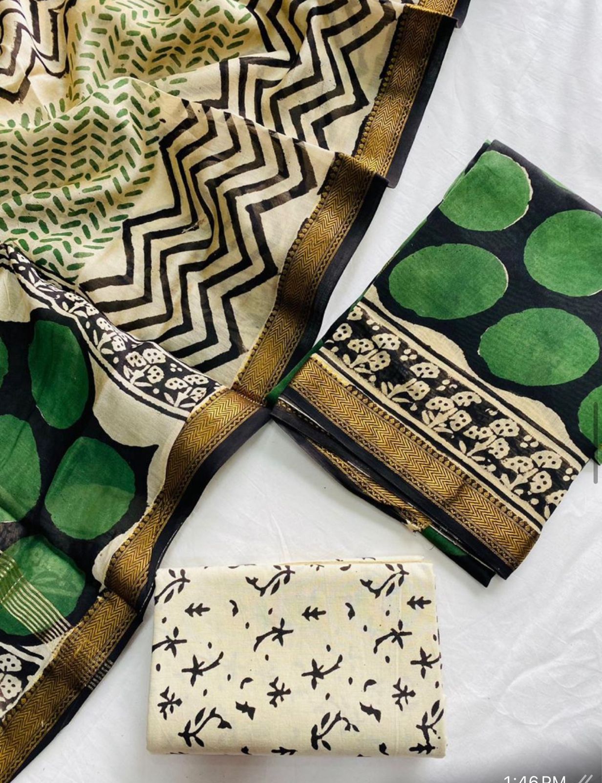 Ajrak Bagru Hand Block Printed Maheshwari Silk Zari Border Dress Material -3pcs set