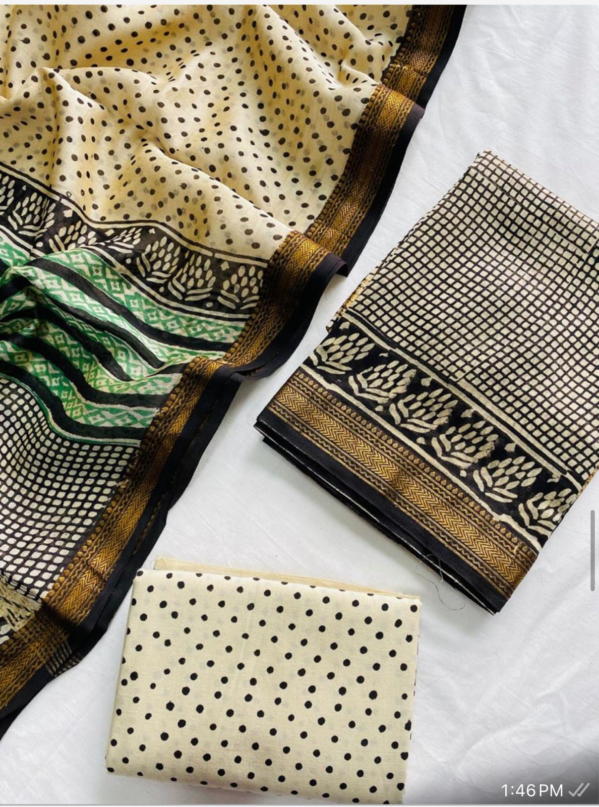 Ajrak Bagru Hand Block Printed Maheshwari Silk Zari Border Dress Material -3pcs set