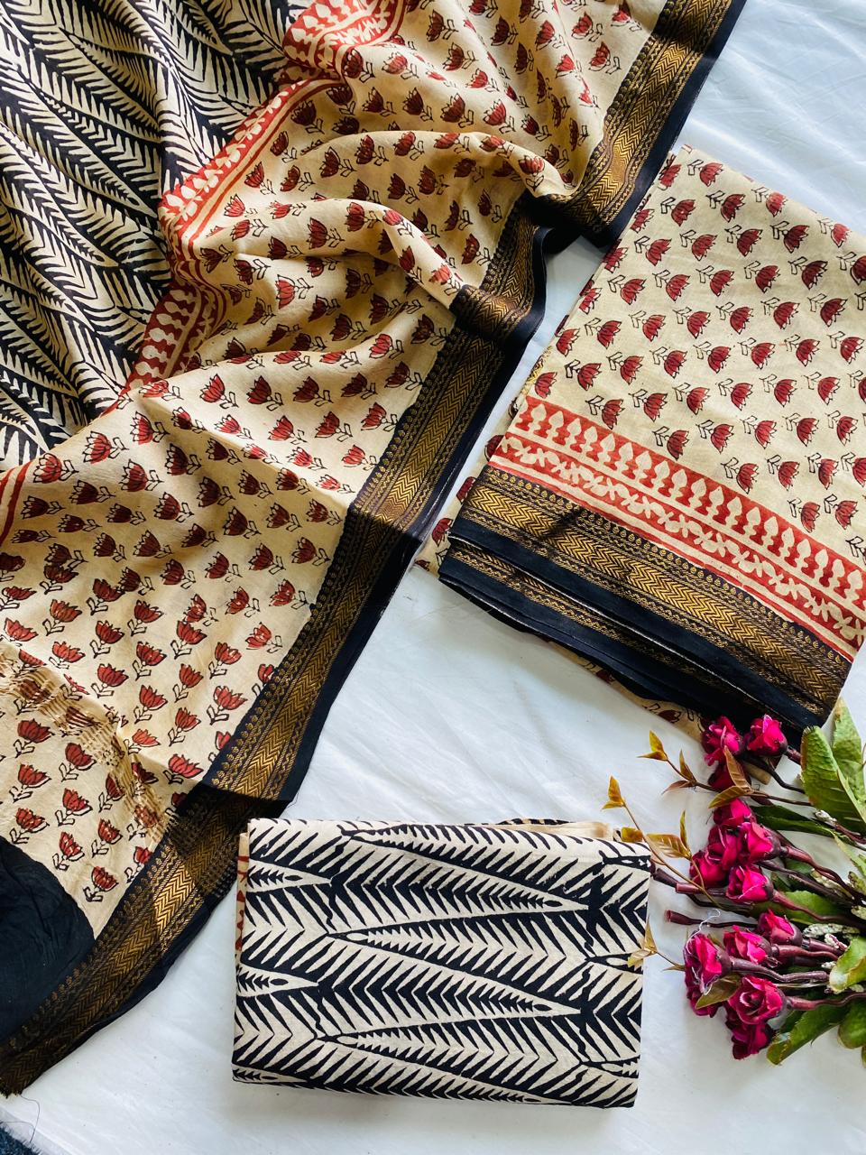 Ajrak Bagru Hand Block Printed Maheshwari Silk Zari Border Dress Material -3pcs set