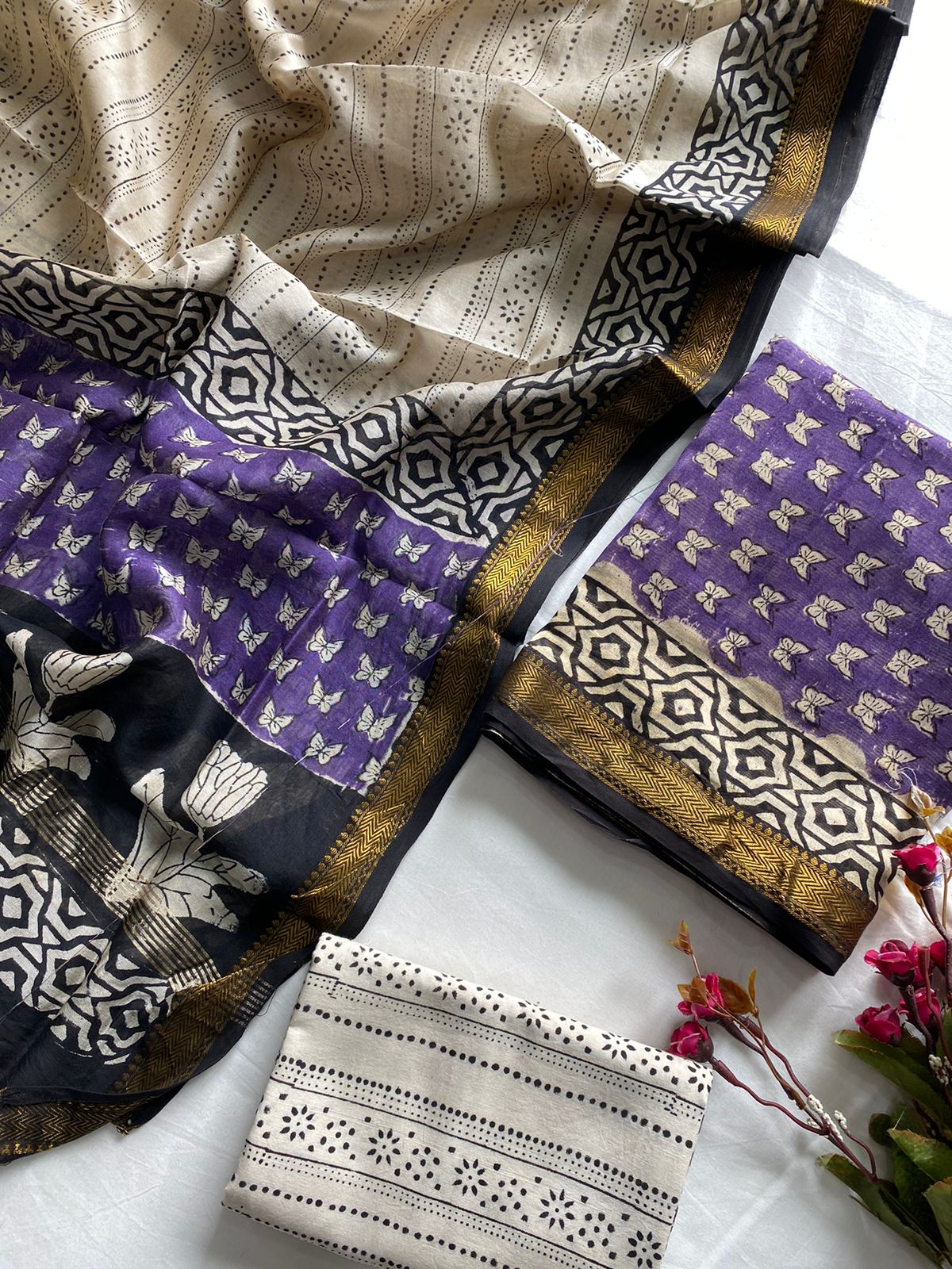 Ajrak Bagru Hand Block Printed Maheshwari Silk Zari Border Dress Material -3pcs set