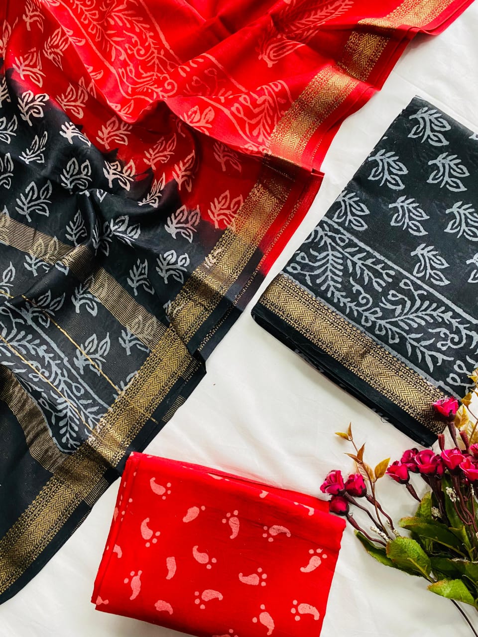 Ajrak Bagru Hand Block Printed Maheshwari Silk Zari Border Dress Material -3pcs set