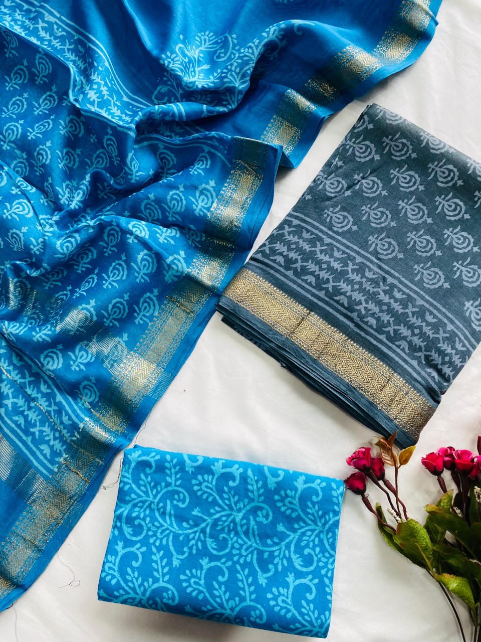 Ajrak Bagru Hand Block Printed Maheshwari Silk Zari Border Dress Material -3pcs set