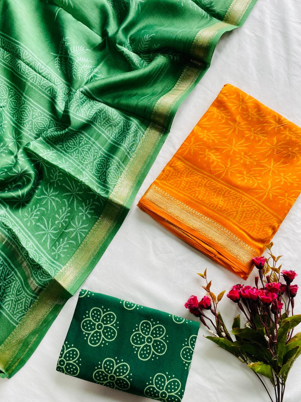 Ajrak Bagru Hand Block Printed Maheshwari Silk Zari Border Dress Material -3pcs set