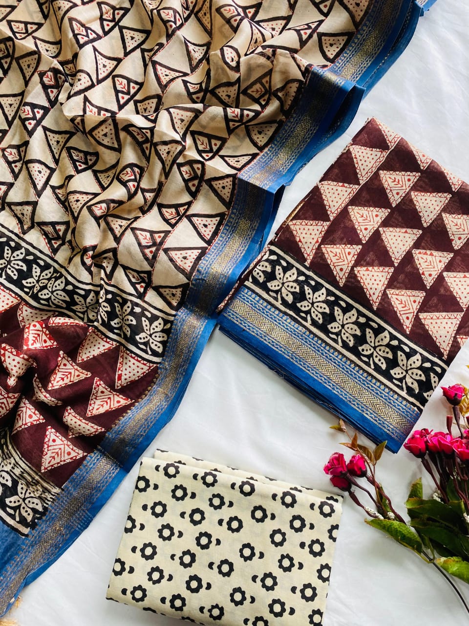 Ajrak Bagru Hand Block Printed Maheshwari Silk Zari Border Dress Material -3pcs set