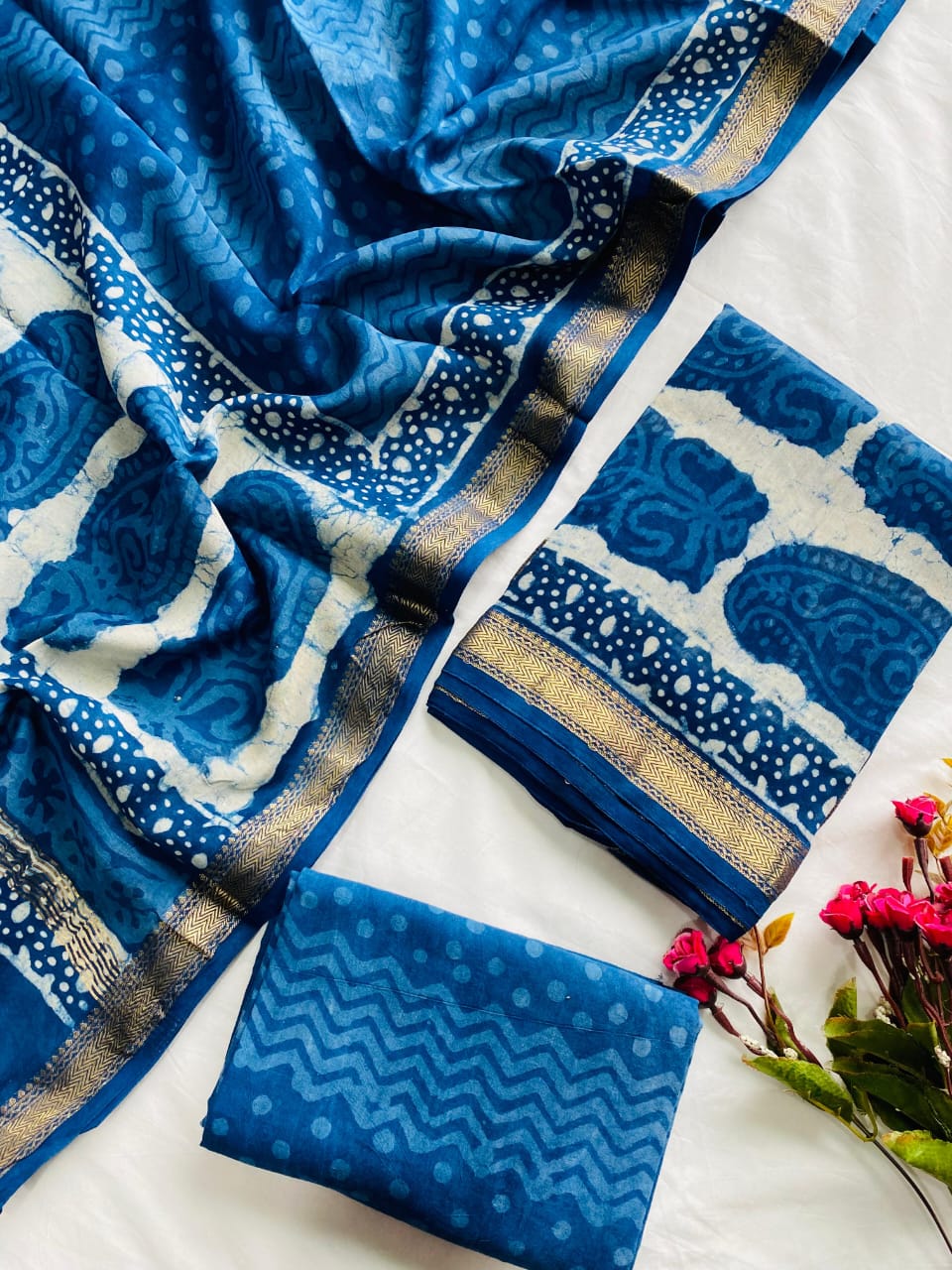 Ajrak Bagru Hand Block Printed Maheshwari Silk Zari Border Dress Material -3pcs set