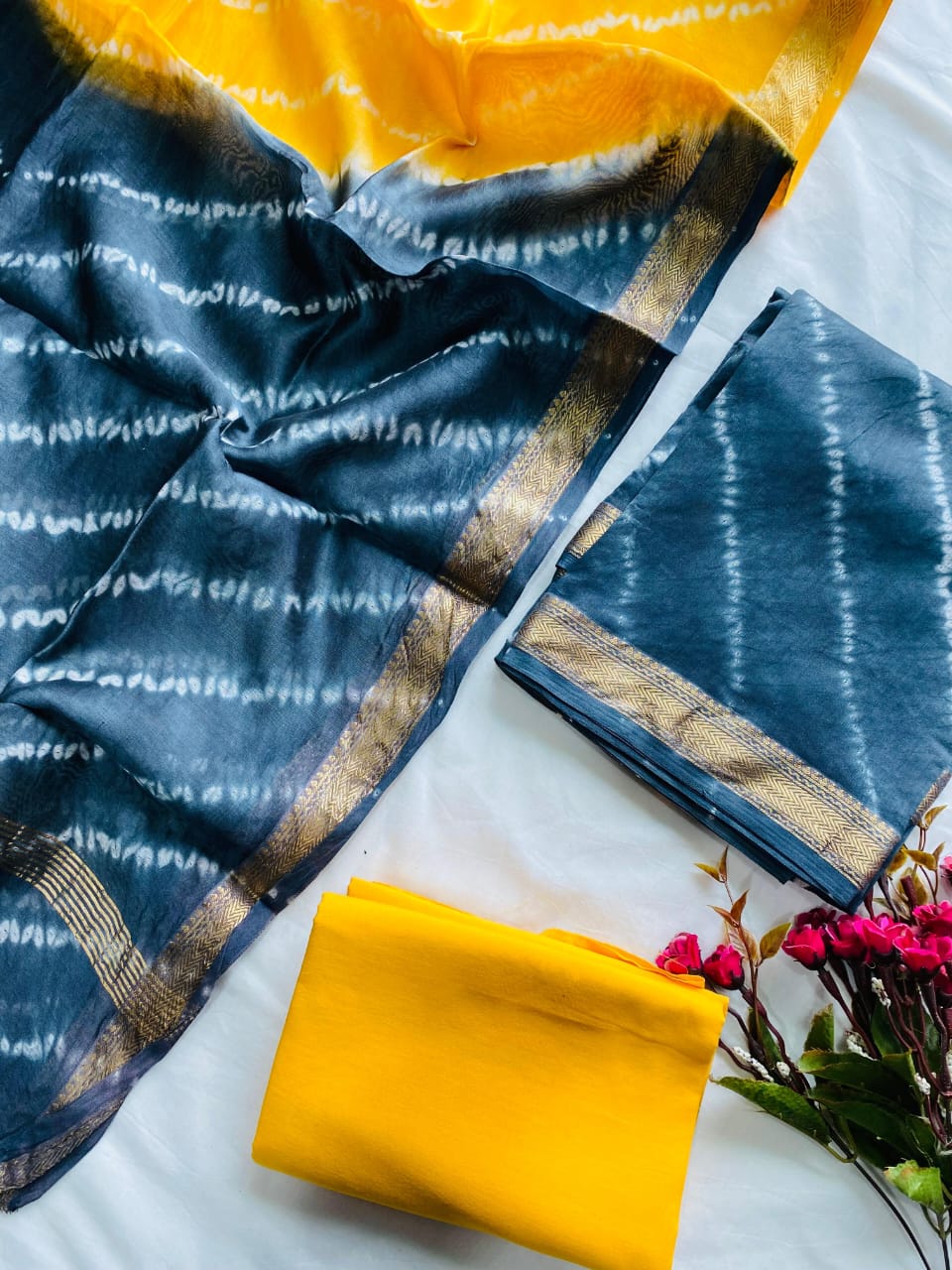 Ajrak Bagru Hand Block Printed Maheshwari Silk Zari Border Dress Material -3pcs set