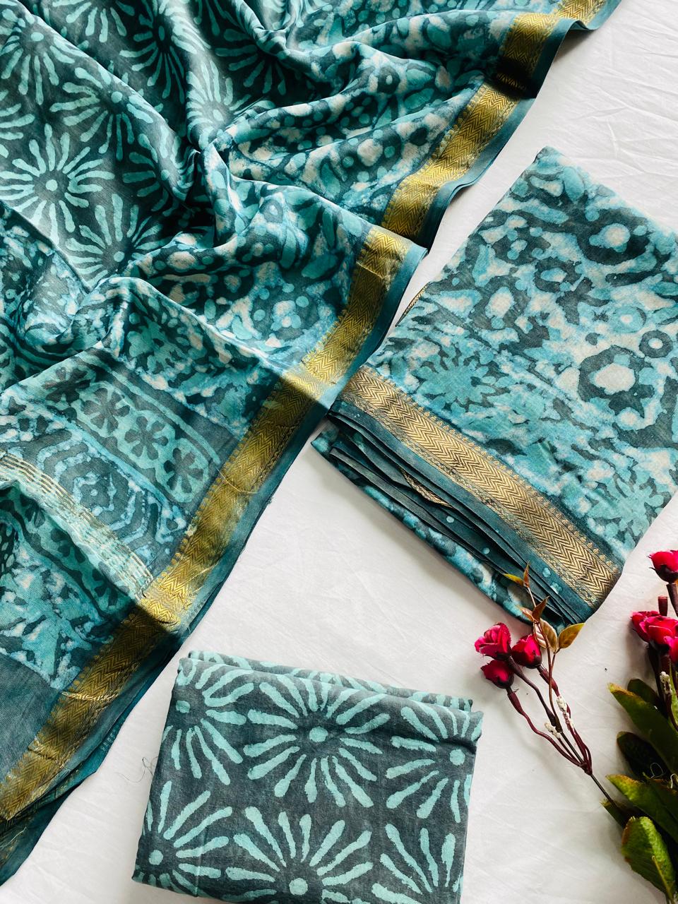 Ajrak Bagru Hand Block Printed Maheshwari Silk Zari Border Dress Material -3pcs set