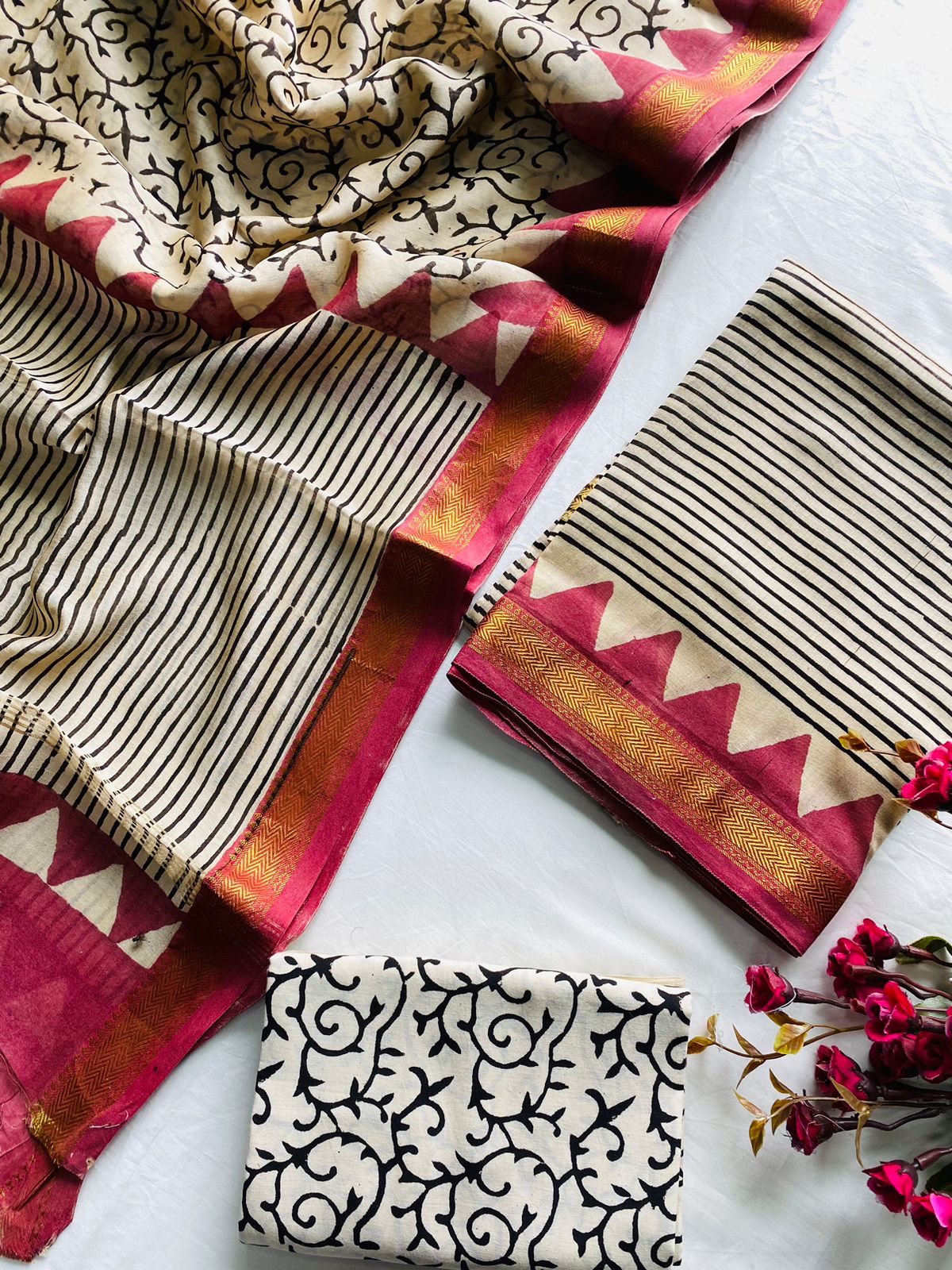 Ajrak Bagru Hand Block Printed Maheshwari Silk Zari Border Dress Material -3pcs set