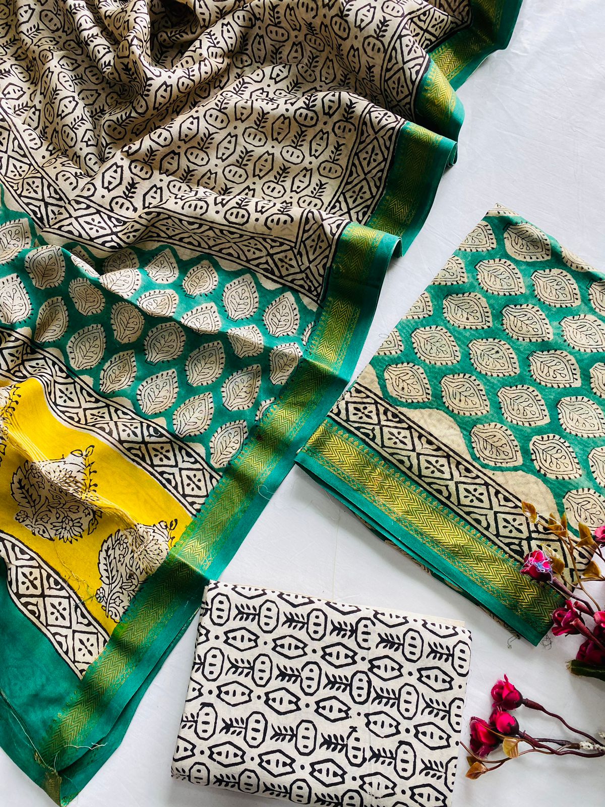 Ajrak Bagru Hand Block Printed Maheshwari Silk Zari Border Dress Material -3pcs set