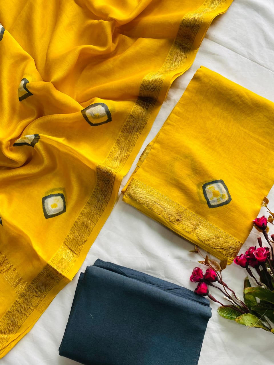 Ajrak Bagru Hand Block Printed Maheshwari Silk Zari Border Dress Material -3pcs set