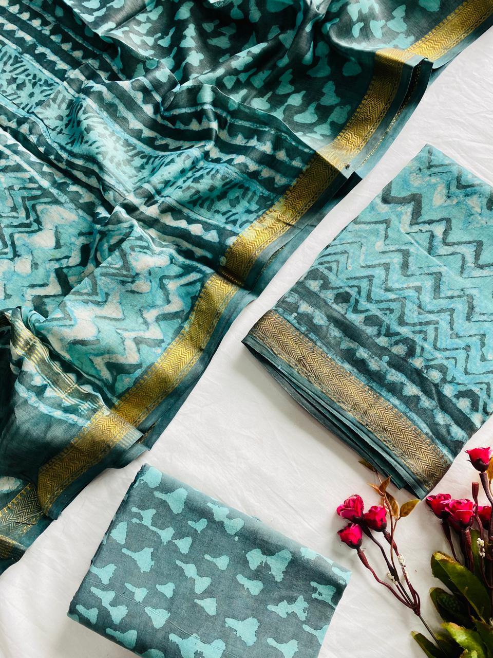 Ajrak Bagru Hand Block Printed Maheshwari Silk Zari Border Dress Material -3pcs set