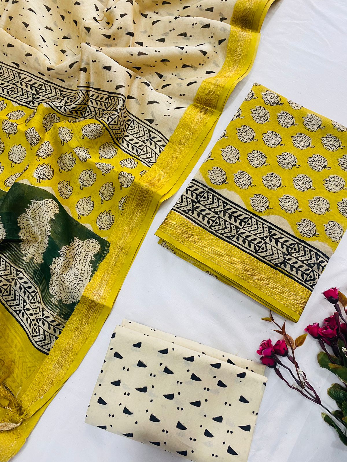 Ajrak Bagru Hand Block Printed Maheshwari Silk Zari Border Dress Material -3pcs set