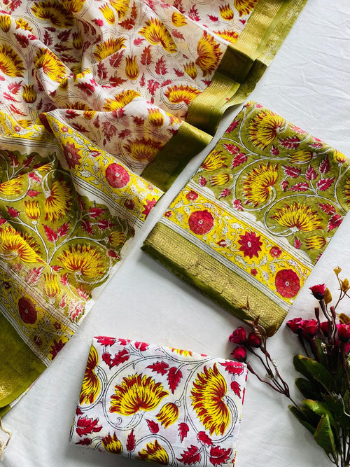 Ajrak Bagru Hand Block Printed Maheshwari Silk Zari Border Dress Material -3pcs set