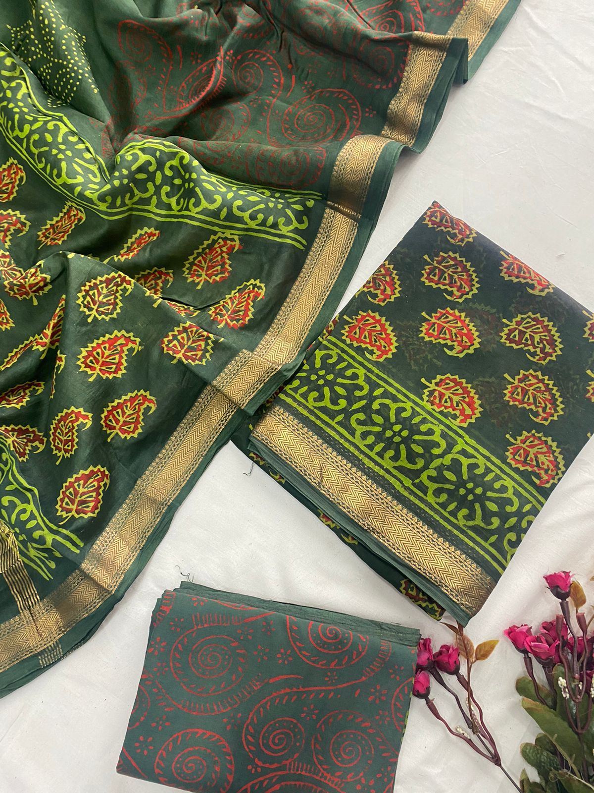 Ajrak Bagru Hand Block Printed Maheshwari Silk Zari Border Dress Material -3pcs set
