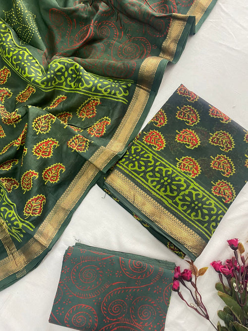 Ajrak Bagru Hand Block Printed Maheshwari Silk Zari Border Dress Material -3pcs set