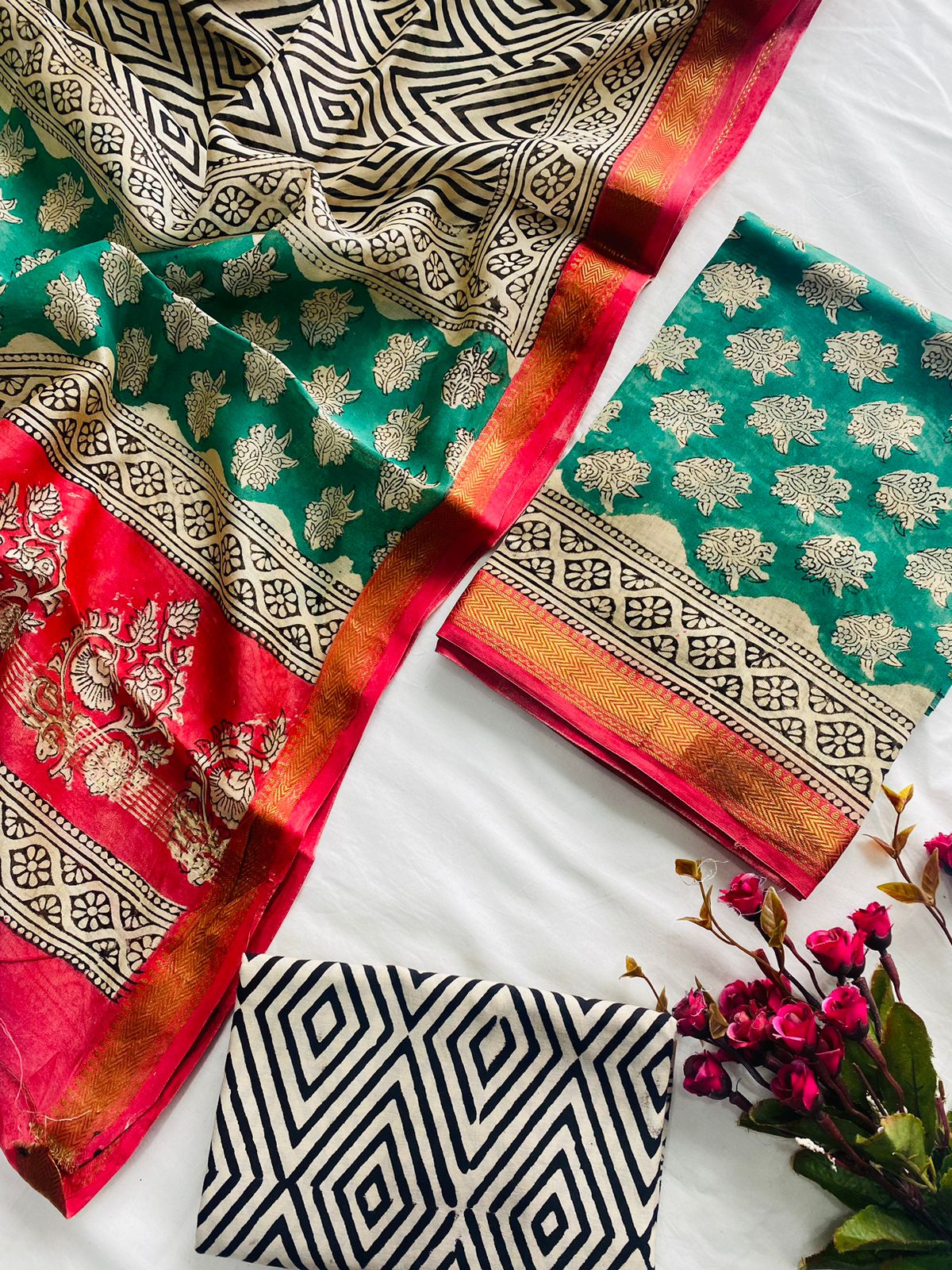 Ajrak Bagru Hand Block Printed Maheshwari Silk Zari Border Dress Material -3pcs set