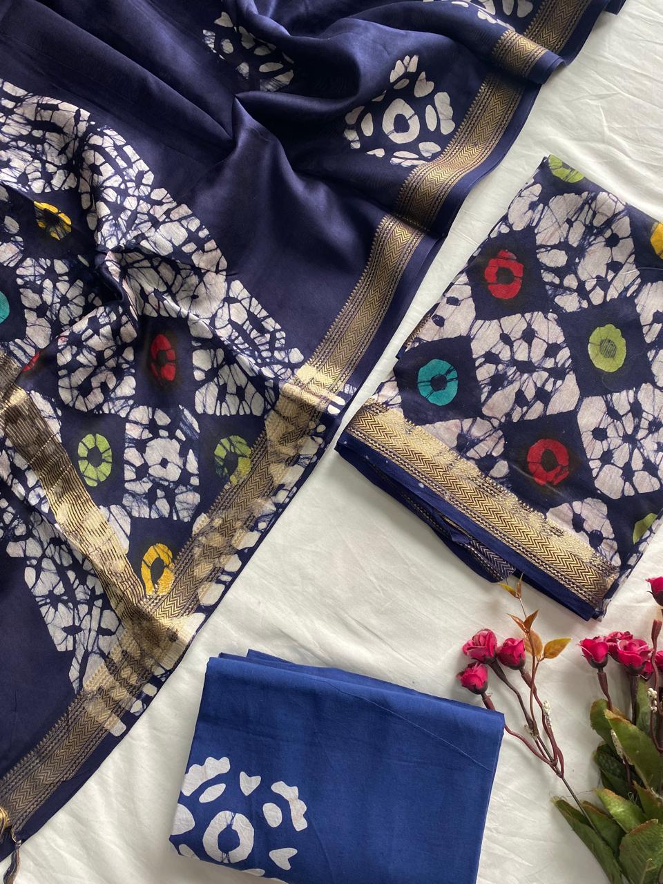 Ajrak Bagru Hand Block Printed Maheshwari Silk Zari Border Dress Material -3pcs set