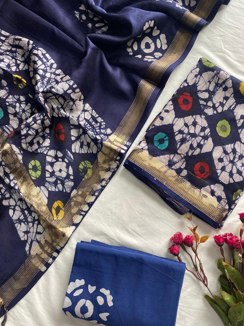 Ajrak Bagru Hand Block Printed Maheshwari Silk Zari Border Dress Material -3pcs set