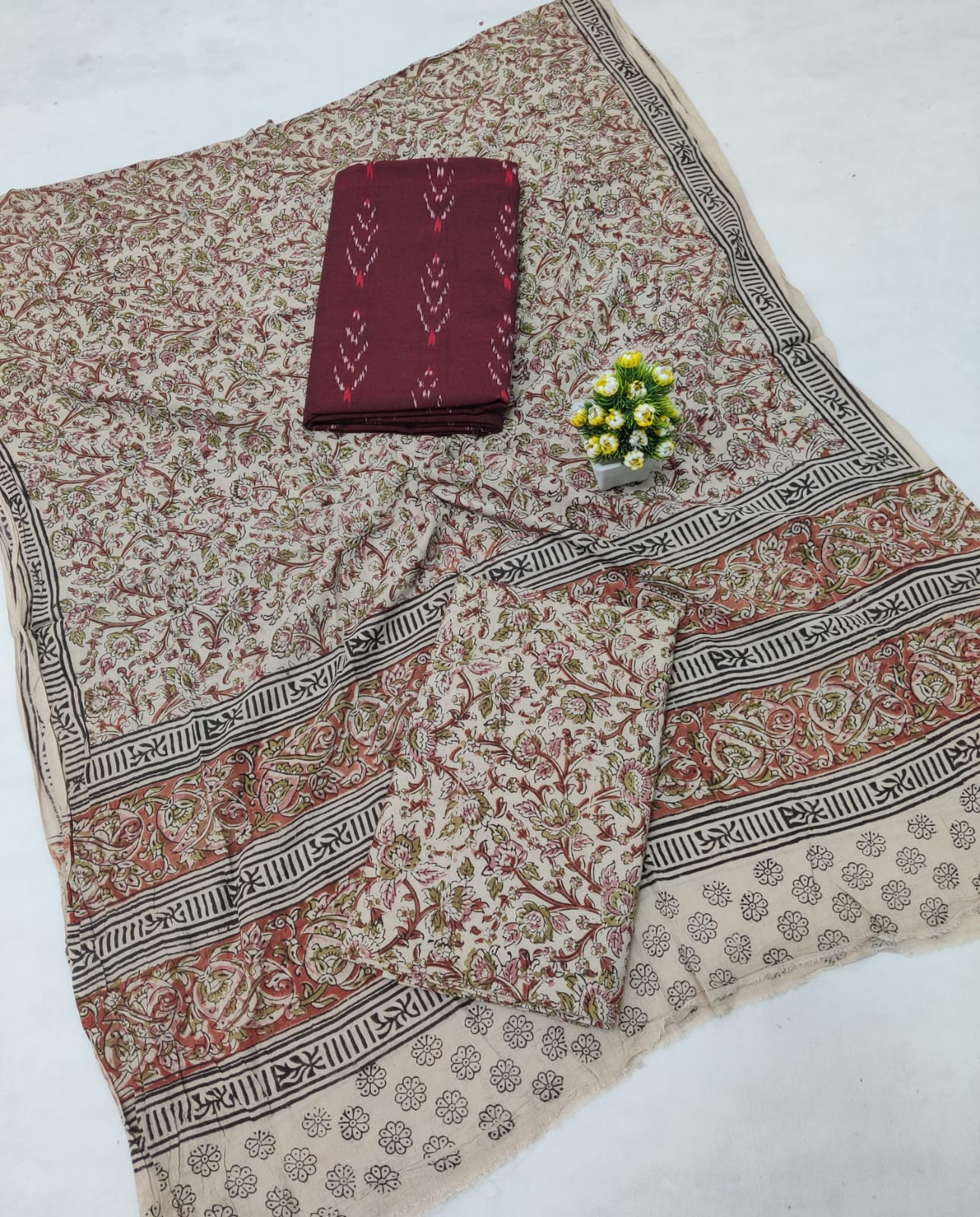 Kalamkari Ikat Cotton Dress Material -3pcs set