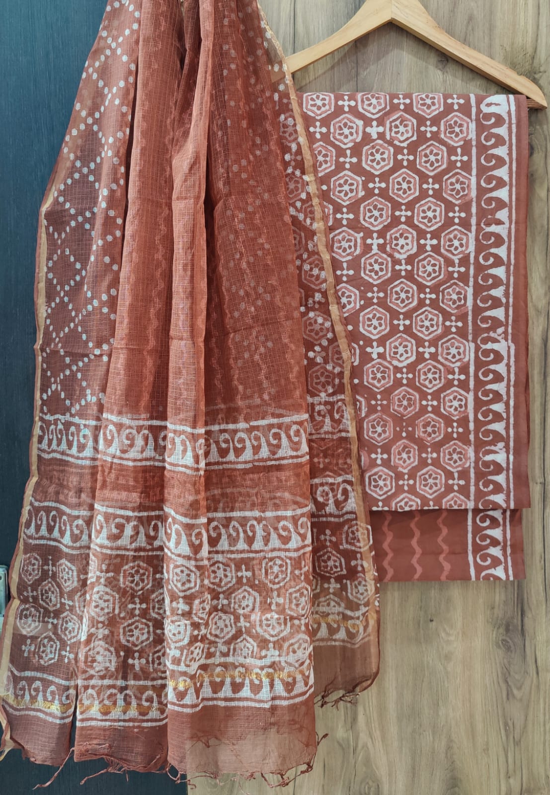 Hand Block Printed Cotton Dress Material With Kota Cotton Dupatta -3pcs set