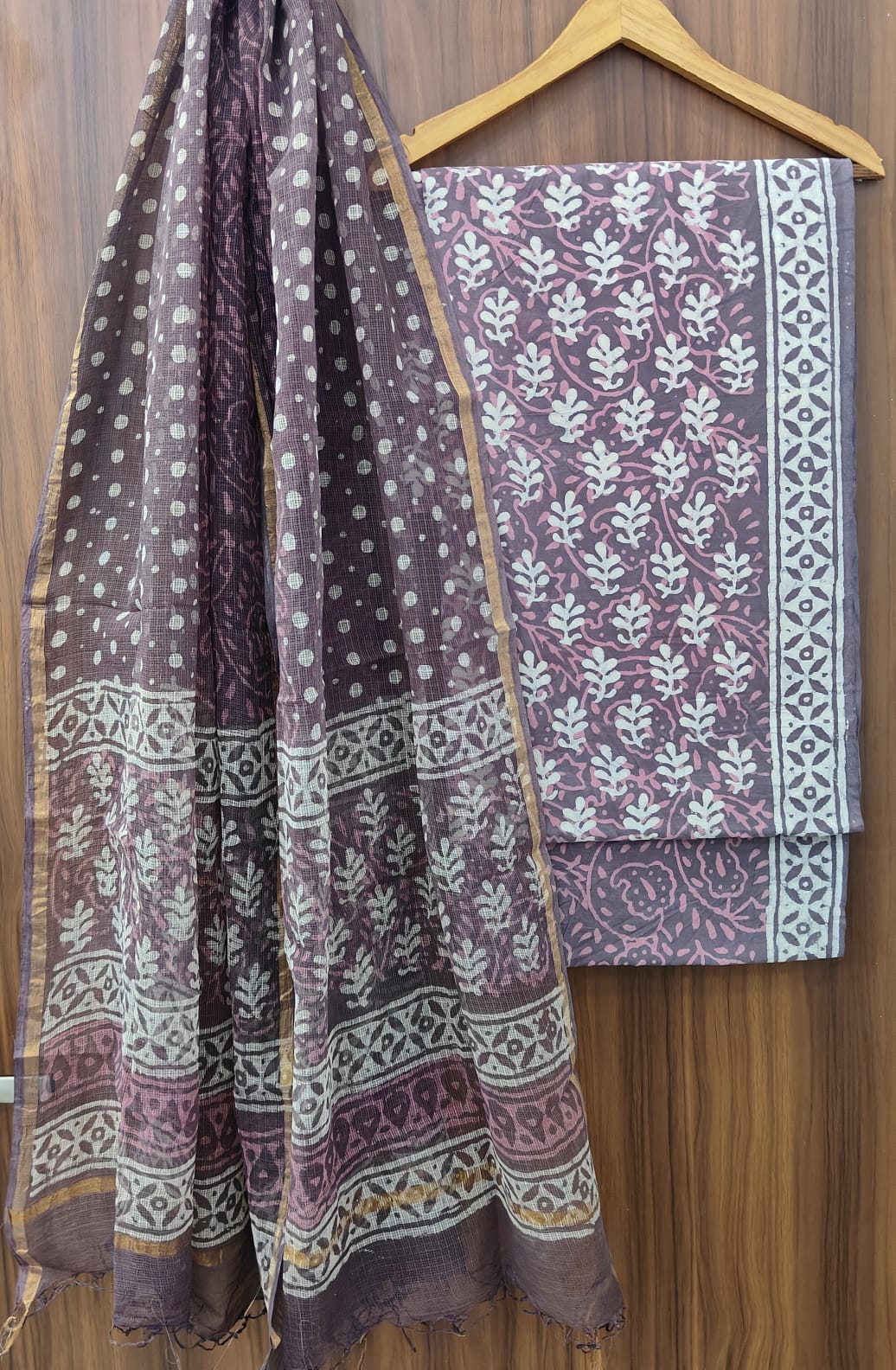 Hand Block Printed Cotton Dress Material With Kota Cotton Dupatta -3pcs set