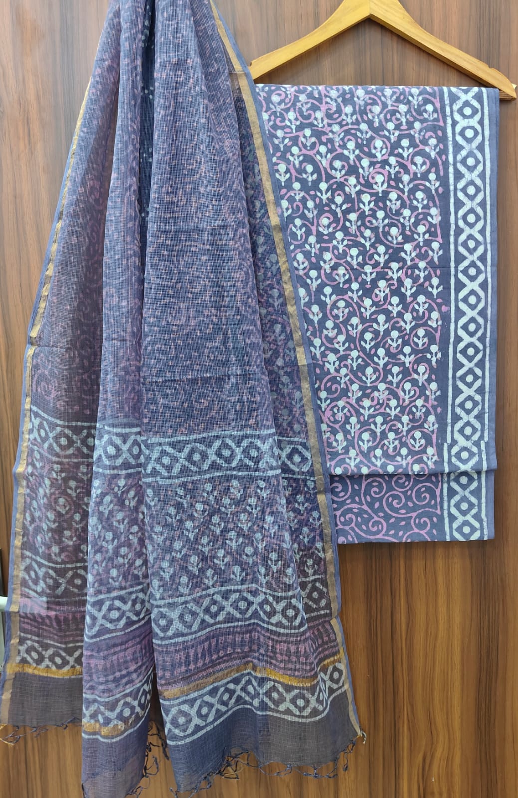 Hand Block Printed Cotton Dress Material With Kota Cotton Dupatta -3pcs set