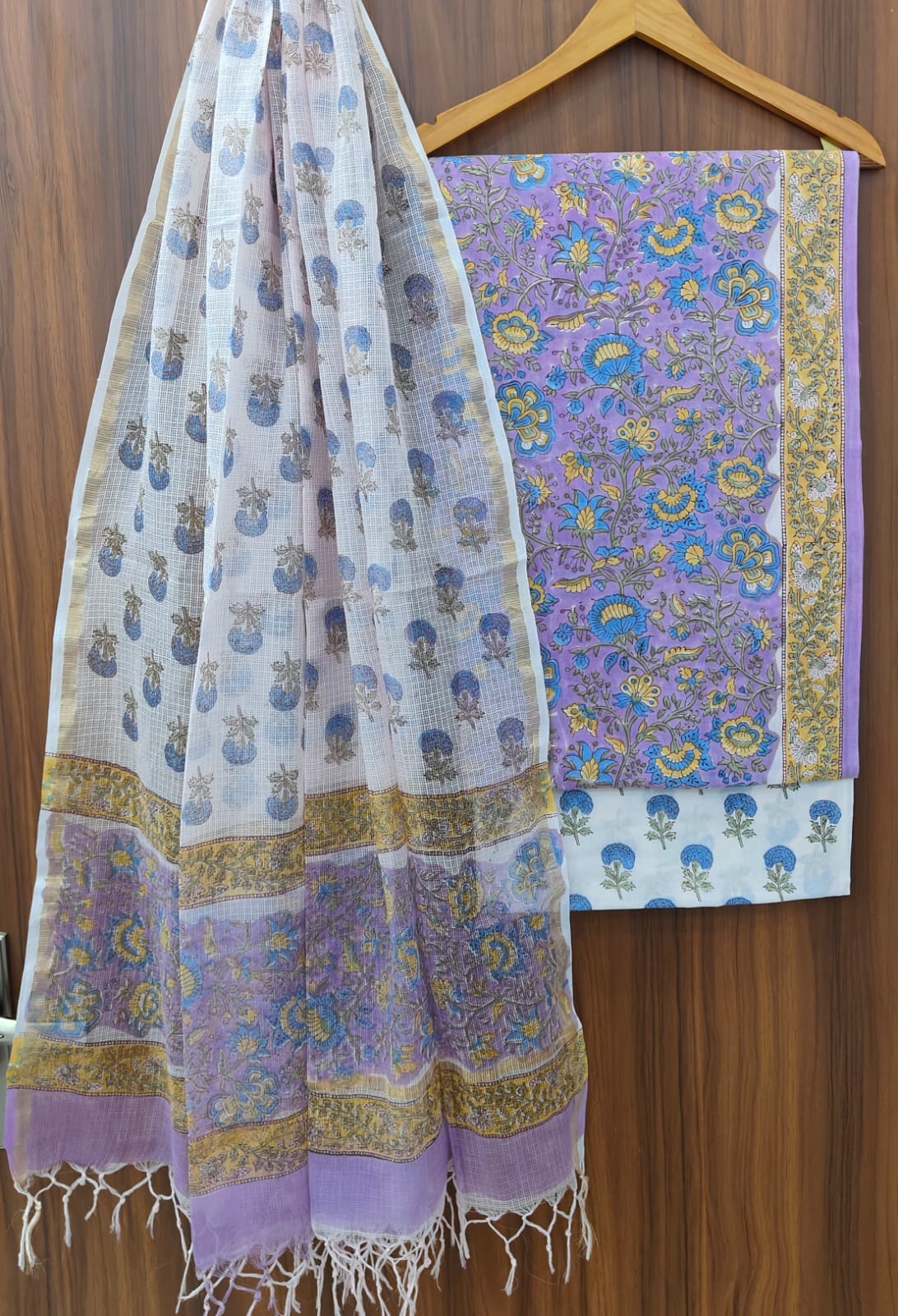 Hand Block Printed Cotton Dress Material With Kota Cotton Dupatta -3pcs set