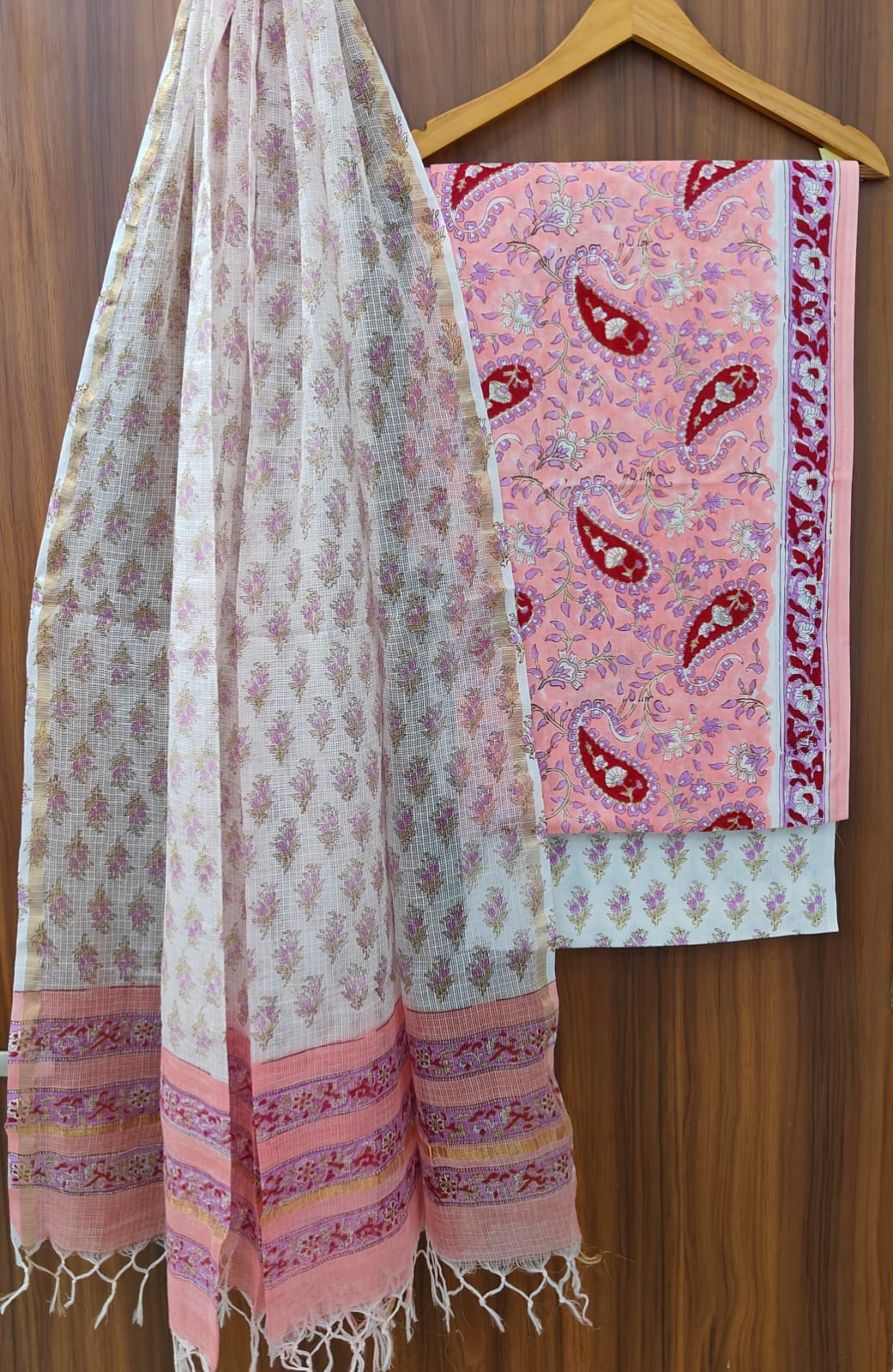 Hand Block Printed Cotton Dress Material With Kota Cotton Dupatta -3pcs set