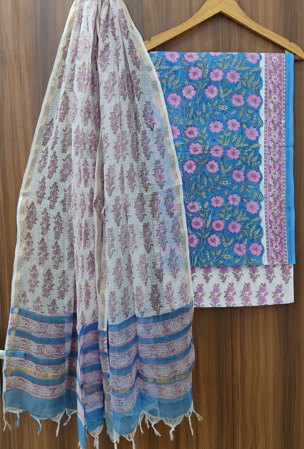 Hand Block Printed Cotton Dress Material With Kota Cotton Dupatta -3pcs set
