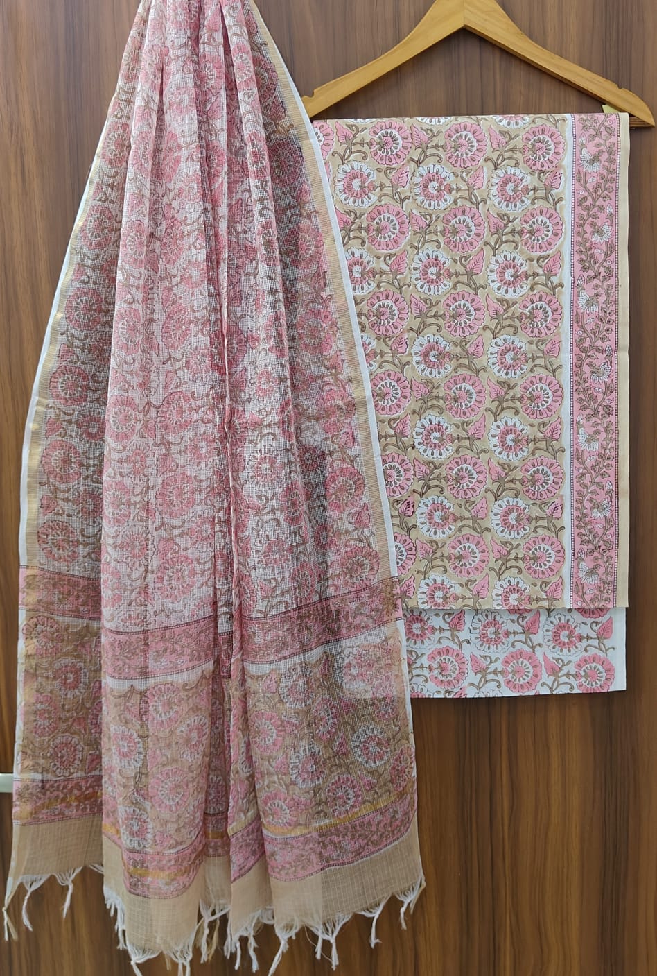 Hand Block Printed Cotton Dress Material With Kota Cotton Dupatta -3pcs set