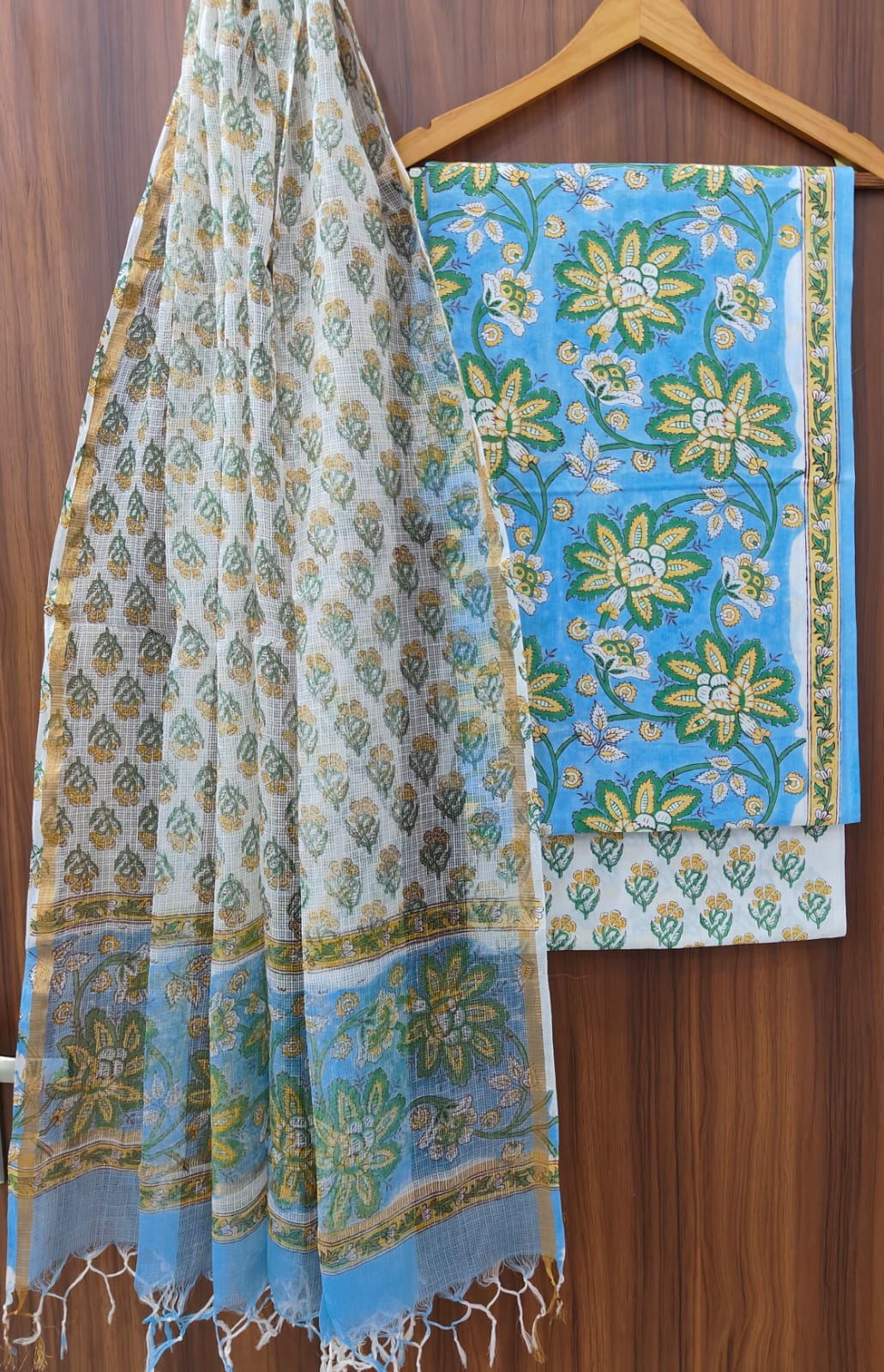 Hand Block Printed Cotton Dress Material With Kota Cotton Dupatta -3pcs set