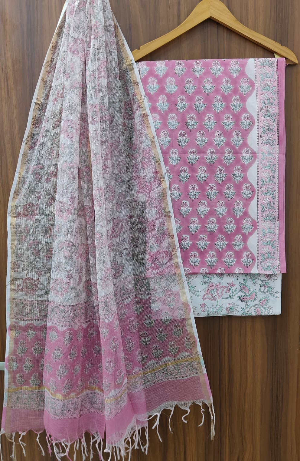 Hand Block Printed Cotton Dress Material With Kota Cotton Dupatta -3pcs set