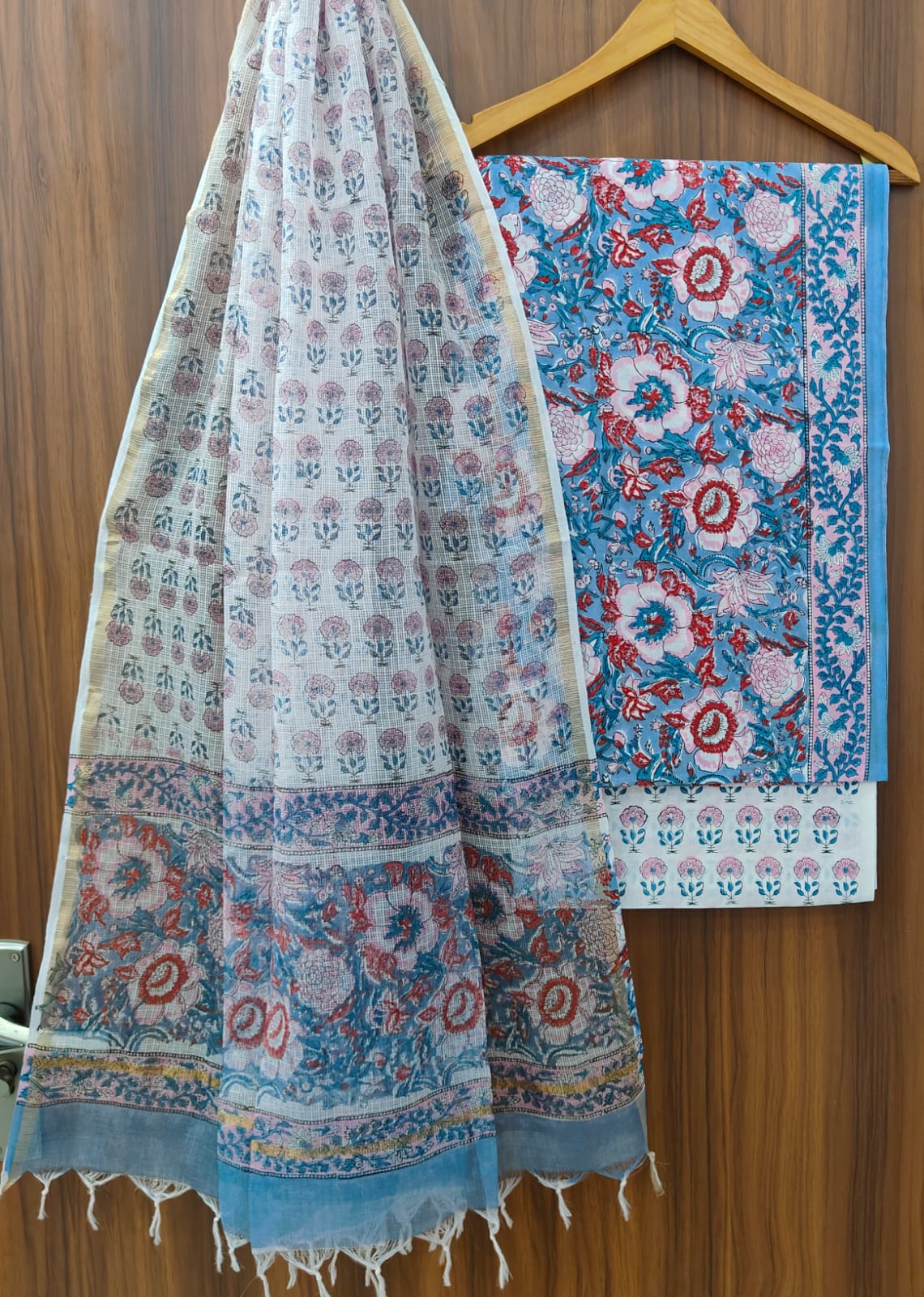Hand Block Printed Cotton Dress Material With Kota Cotton Dupatta -3pcs set