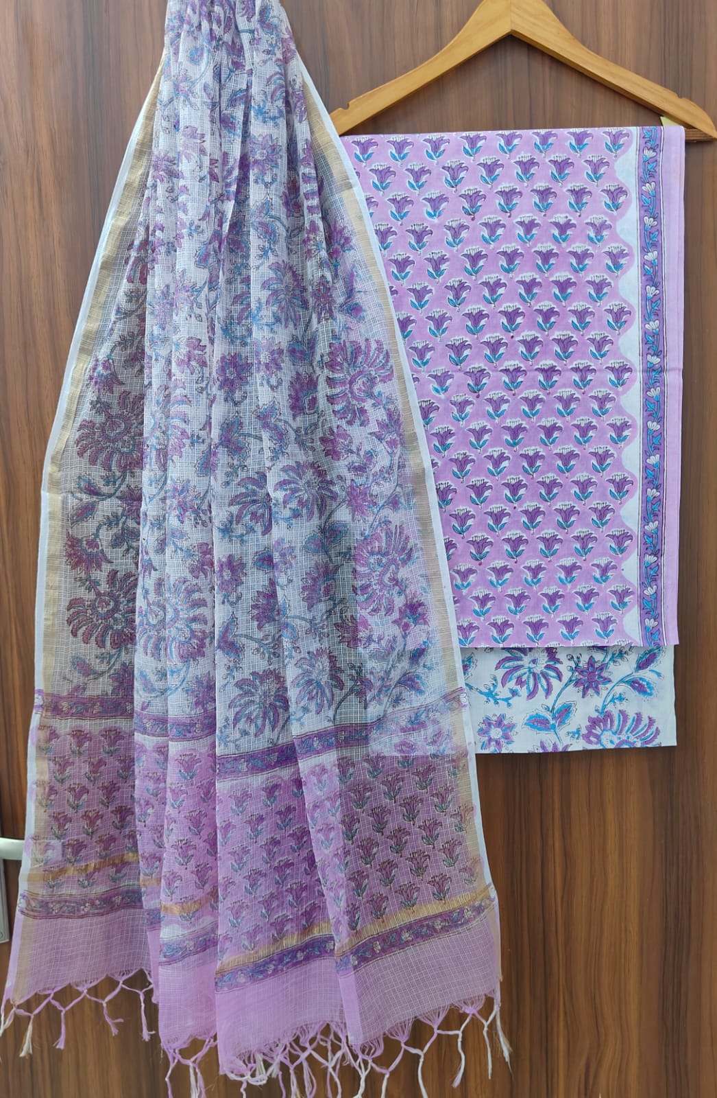 Hand Block Printed Cotton Dress Material With Kota Cotton Dupatta -3pcs set