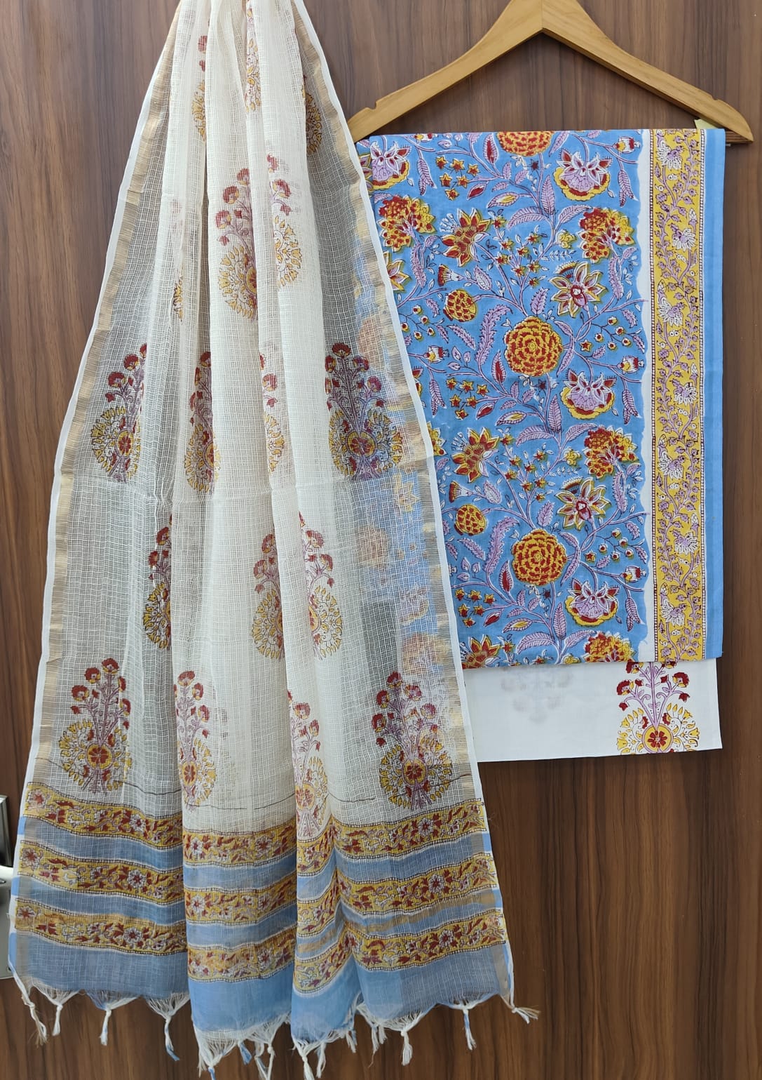 Hand Block Printed Cotton Dress Material With Kota Cotton Dupatta -3pcs set