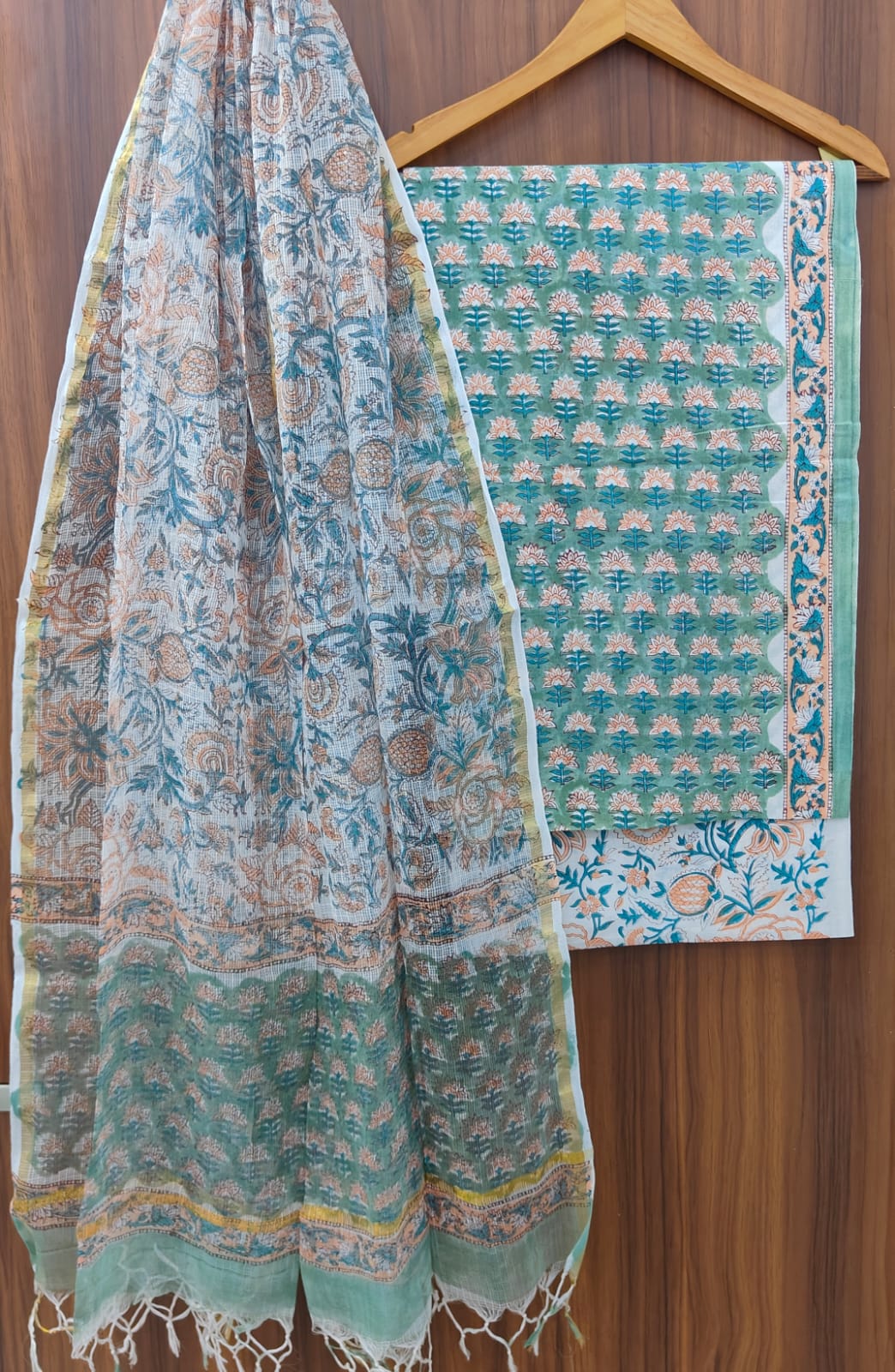 Hand Block Printed Cotton Dress Material With Kota Cotton Dupatta -3pcs set