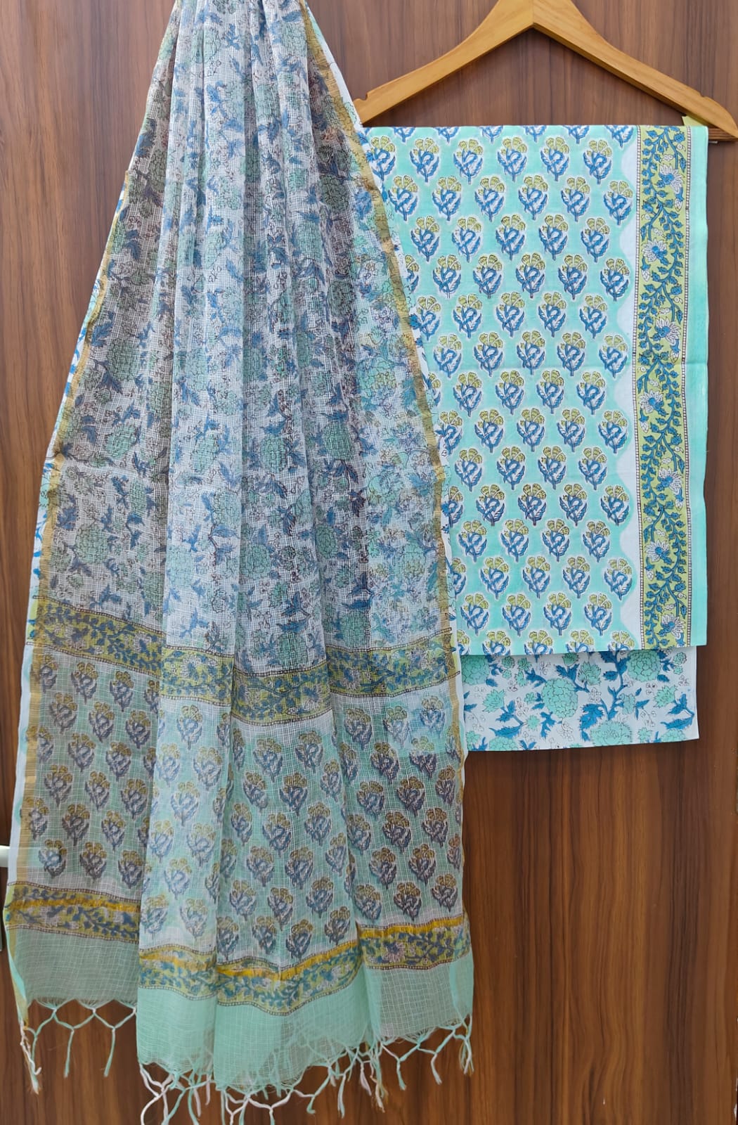 Hand Block Printed Cotton Dress Material With Kota Cotton Dupatta -3pcs set