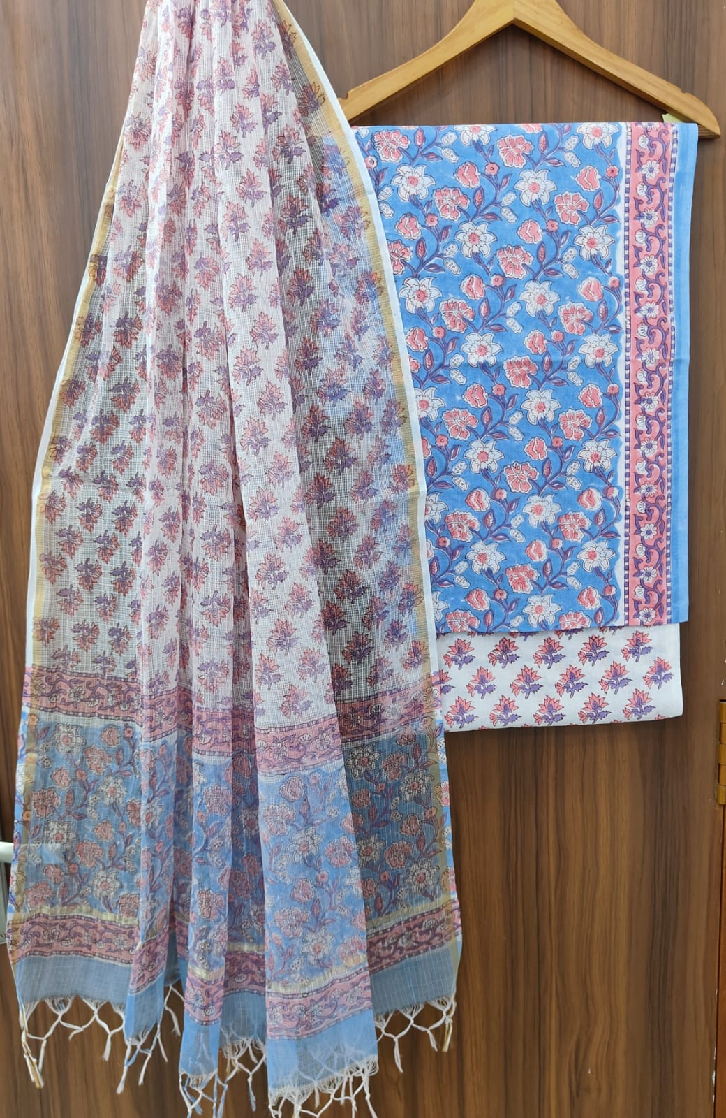 Hand Block Printed Cotton Dress Material With Kota Cotton Dupatta -3pcs set