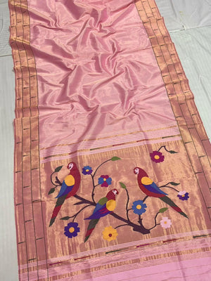 Single Muniya Paithani Pure Silk Zari Stripes Design Saree With Running Blouse