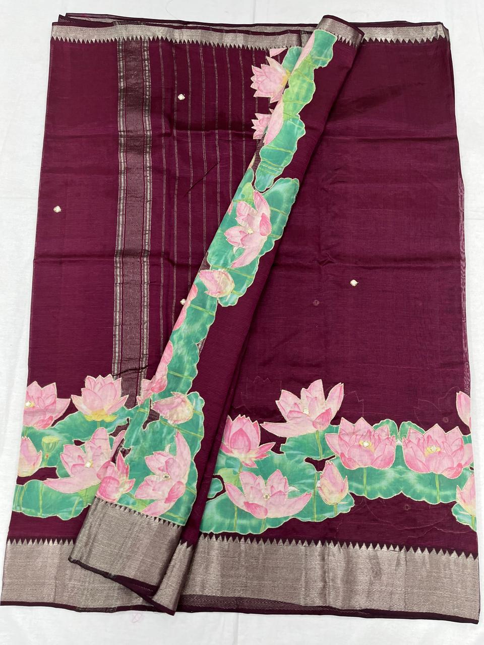 Mangalagiri Silk / Cotton Aplic Work Saree With Running Work Blouse