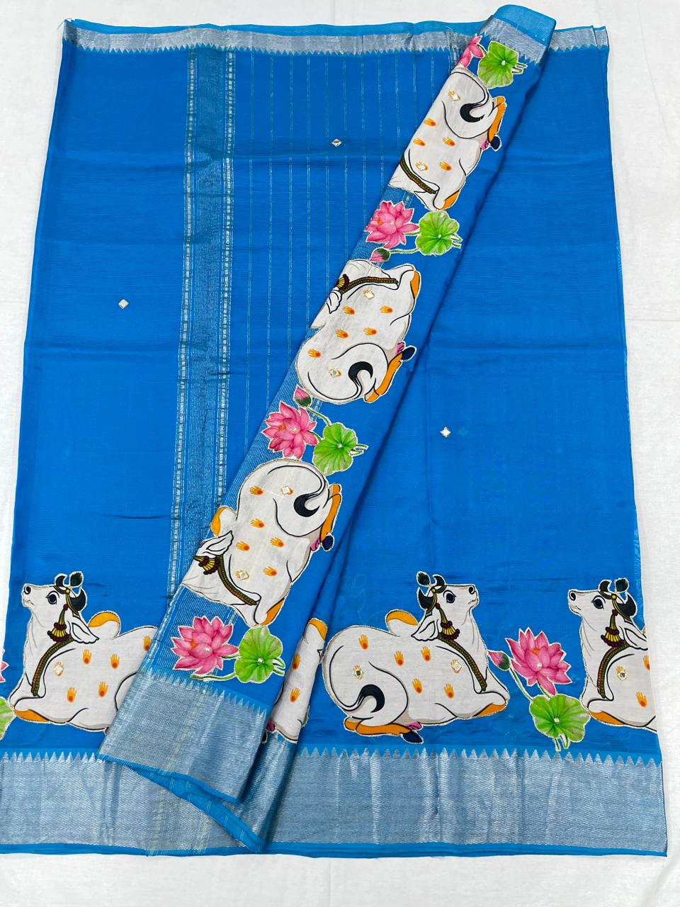 Mangalagiri Silk / Cotton Aplic Work Saree With Running Work Blouse