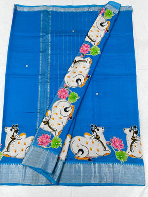 Mangalagiri Silk / Cotton Aplic Work Saree With Running Work Blouse