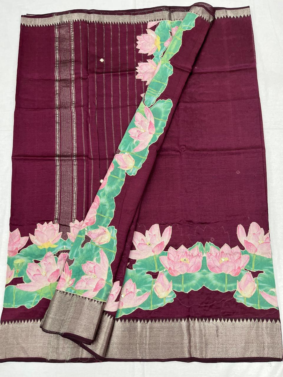 Mangalagiri Silk / Cotton Aplic Work Saree With Running Work Blouse