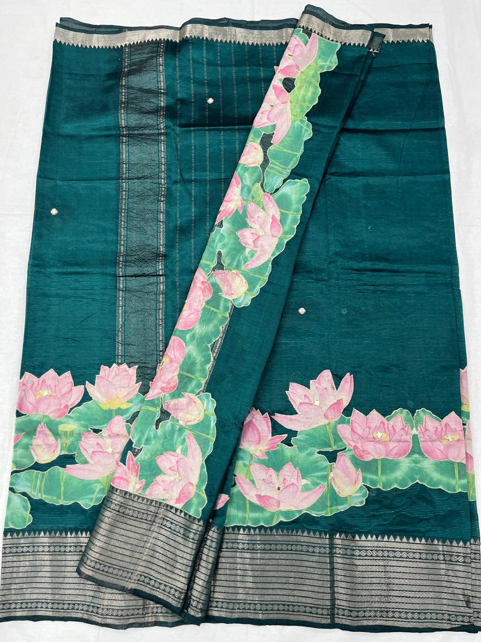 Mangalagiri Silk / Cotton Aplic Work Saree With Running Work Blouse