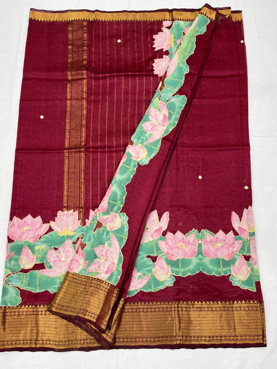 Mangalagiri Silk / Cotton Aplic Work Saree With Running Work Blouse
