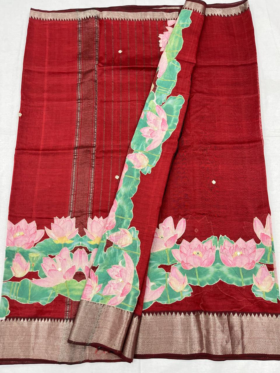 Mangalagiri Silk / Cotton Aplic Work Saree With Running Work Blouse