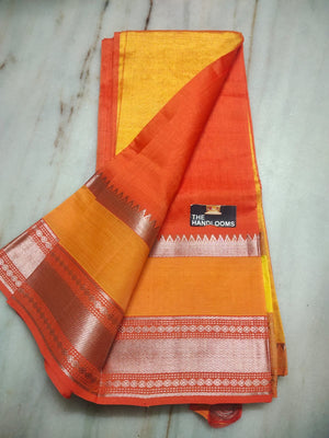 Mangalagiri Silk / Cotton Kanchi Silver Zari Gap Border Saree With Contrast Blouse